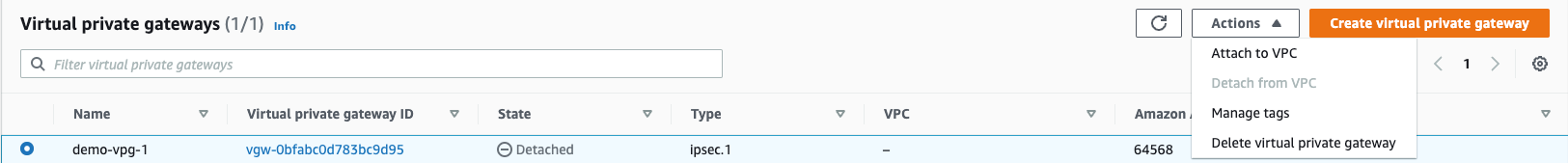 Screenshot showing details to attach virtual private gateway to VPC