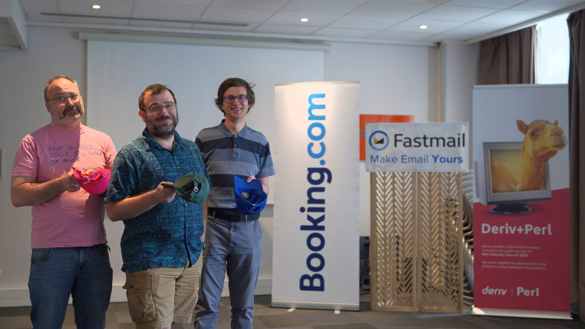 Paul Evans (right), Deriv’s representative at Perl Toolchain Summit, with Philippe Bruhat and Ricardo Signes, France
