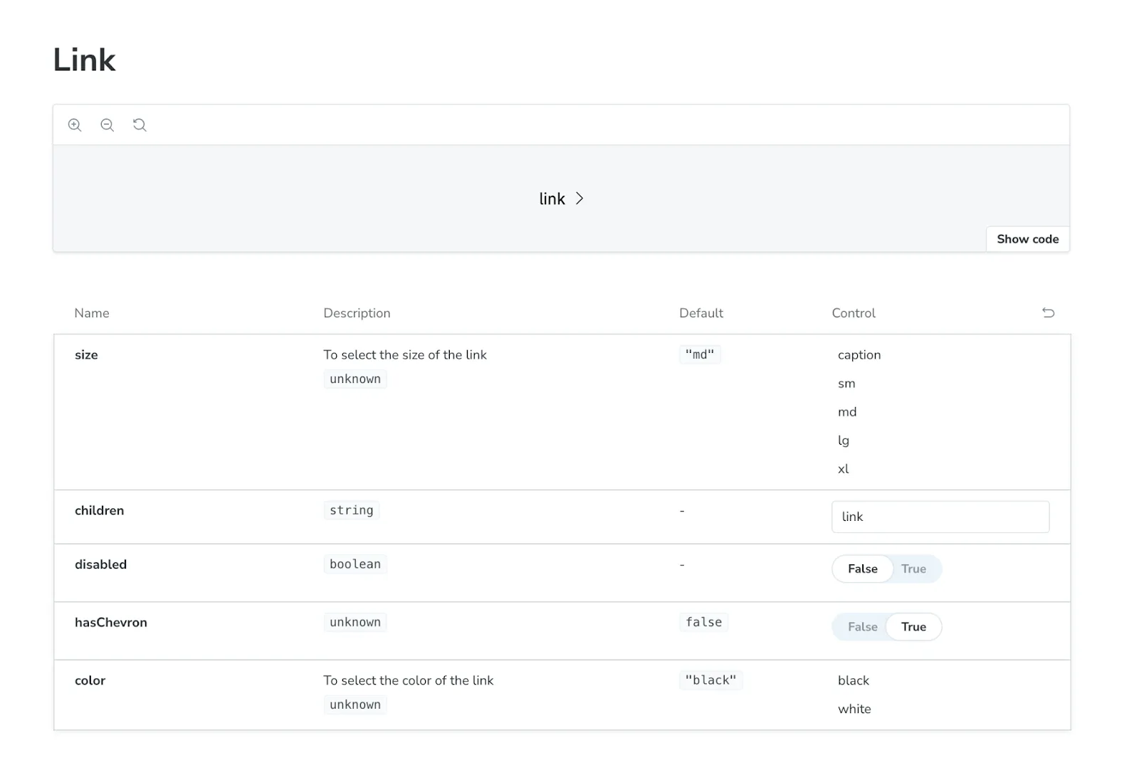 A screen showing the link component in the Quill storybook