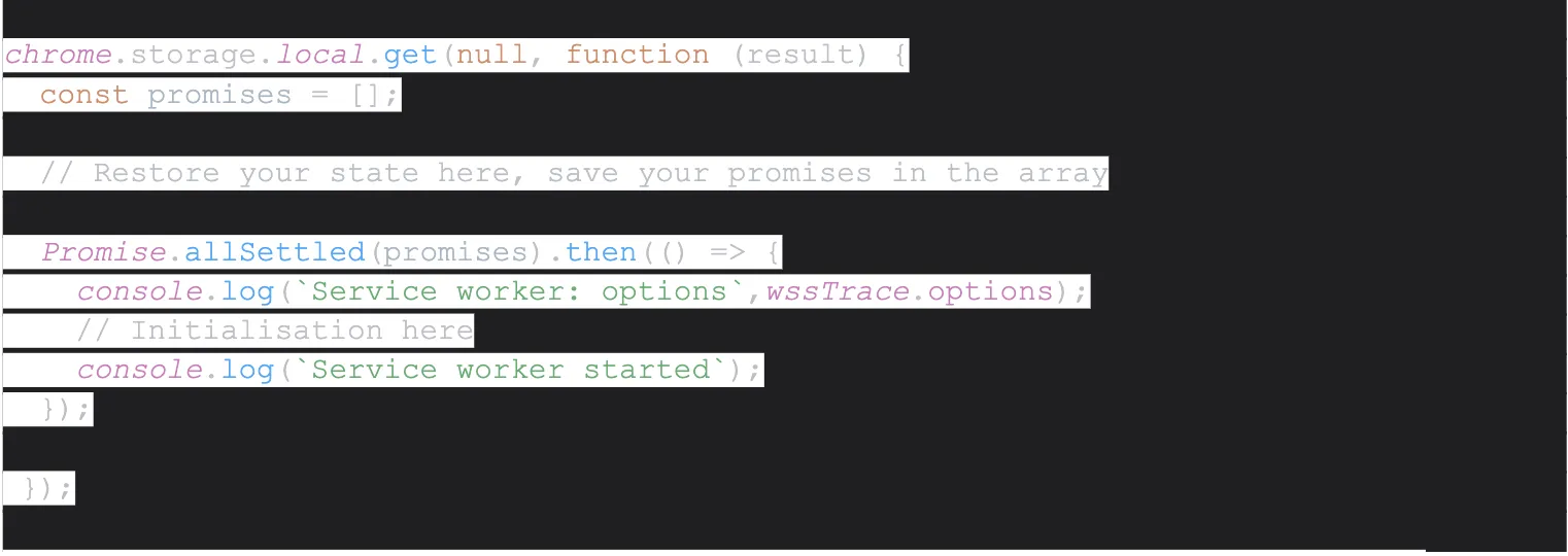 Code snippet demonstrating how a Chrome extension service worker uses local storage