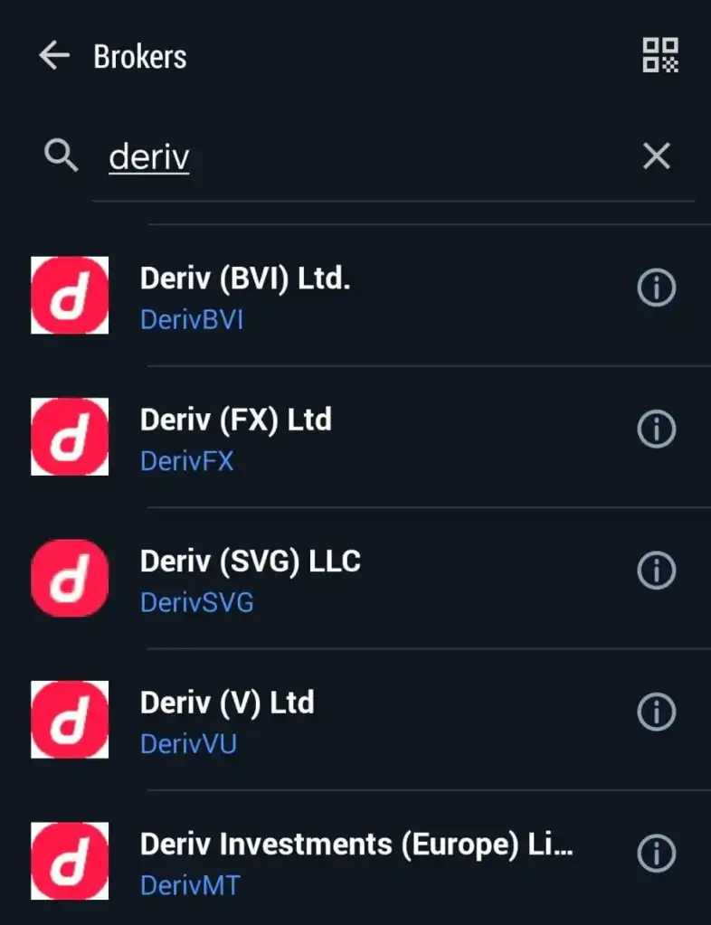 Corretores Deriv no aplicativo móvel MT5 