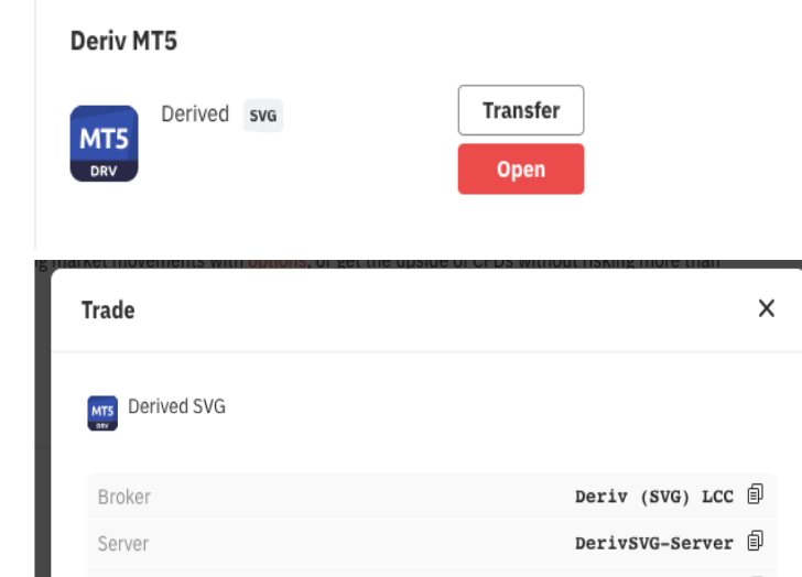 MT5 corretor e servidor de conta derivada SVG