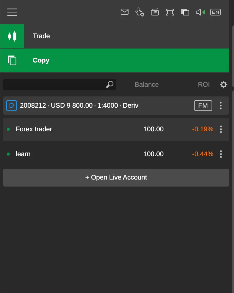 Navigate among the list of active copy trades in the left column within the Copy tab