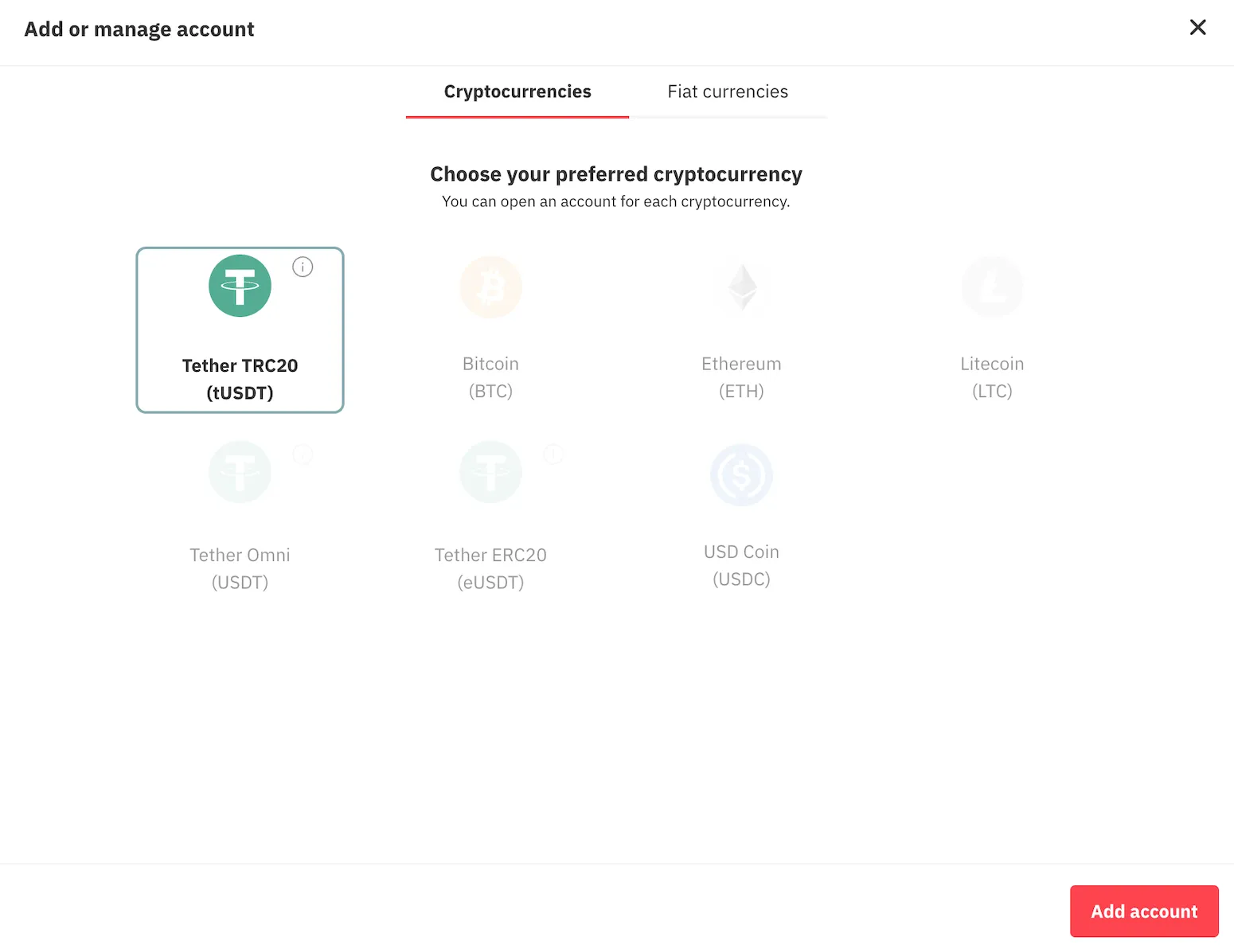 Tether TRC20 (tUSDT) on Deriv Cashier