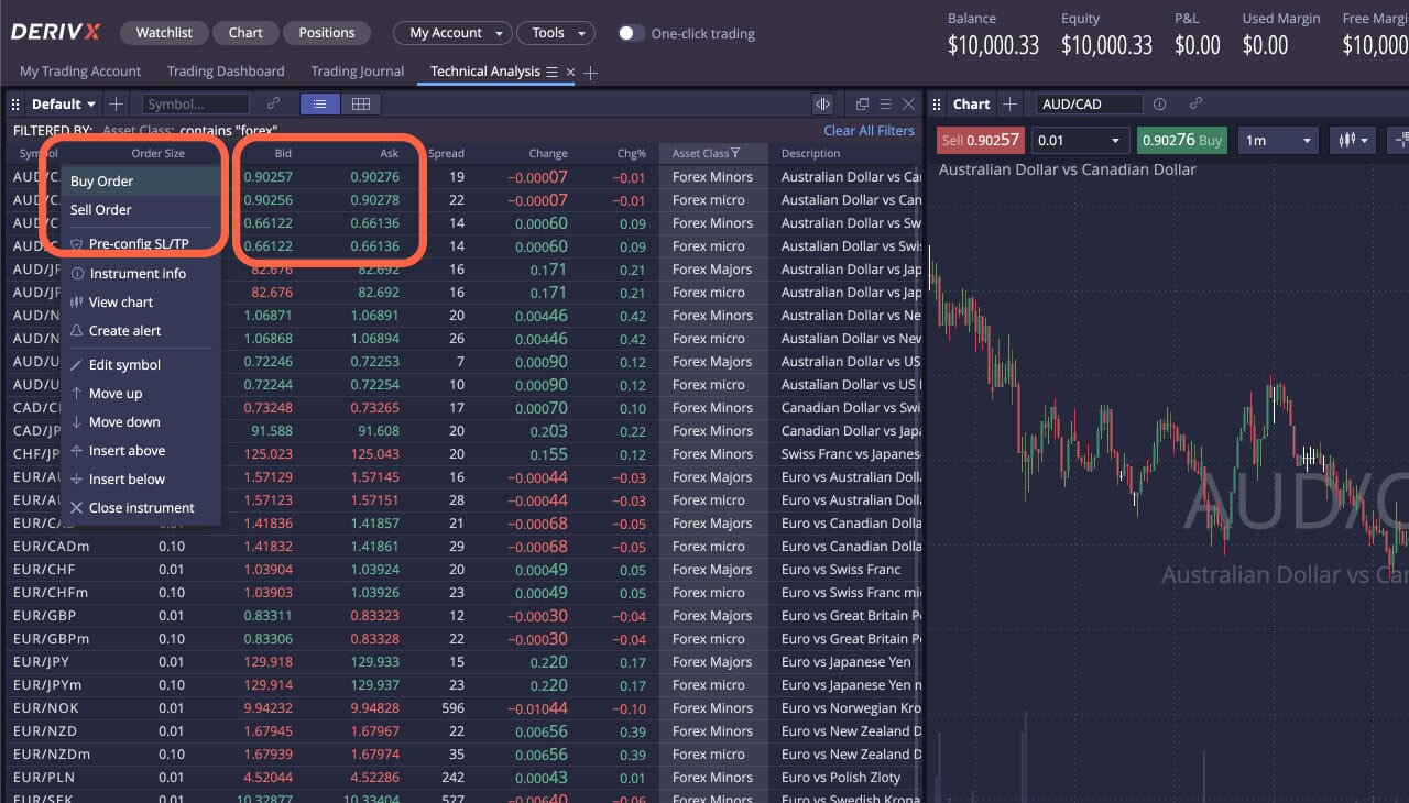 Deriv X Place A Trade through The Watchlist