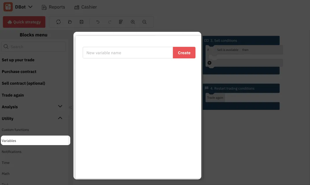 3.1. Create New Variable on Deriv Bot – Deriv's Trading Bot