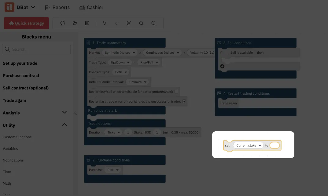 3.3. New Variable on The Workspace of Deriv Bot – Deriv's Trading Bot