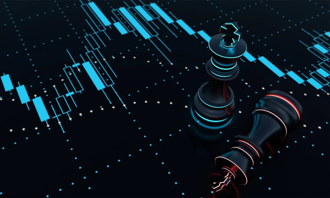 Chess pieces on a financial chart, symbolizing strategy and decision-making in trading and market analysis.
