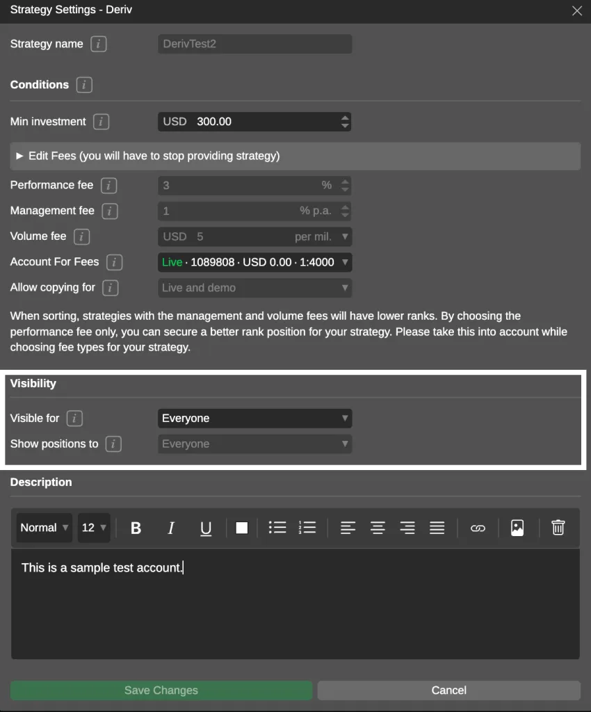Deriv cTrader interface showing how to make strategies visible to copy traders.