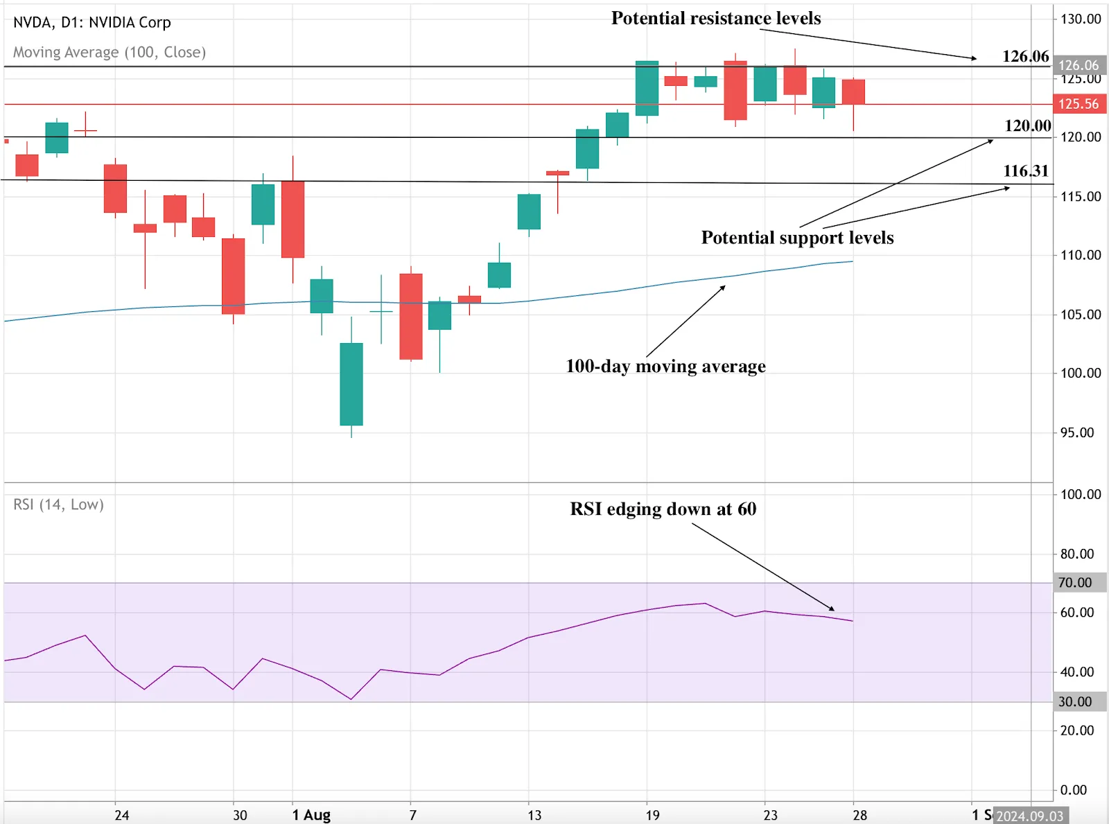 Nvidia stock chart with candlestick pattern showing resistance at $126.06 and support at $120.00 and $116.31.