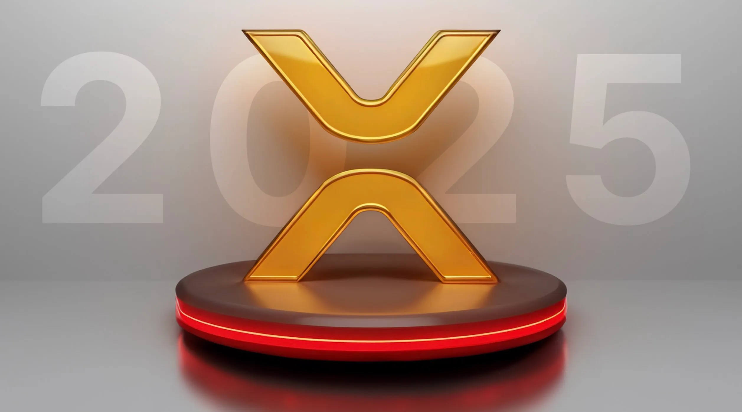 Un logo Ripple XRP doré en 3D sur un podium avec « 2025 » en arrière-plan, mettant en évidence les prévisions concernant le potentiel de prix du XRP cette année.
