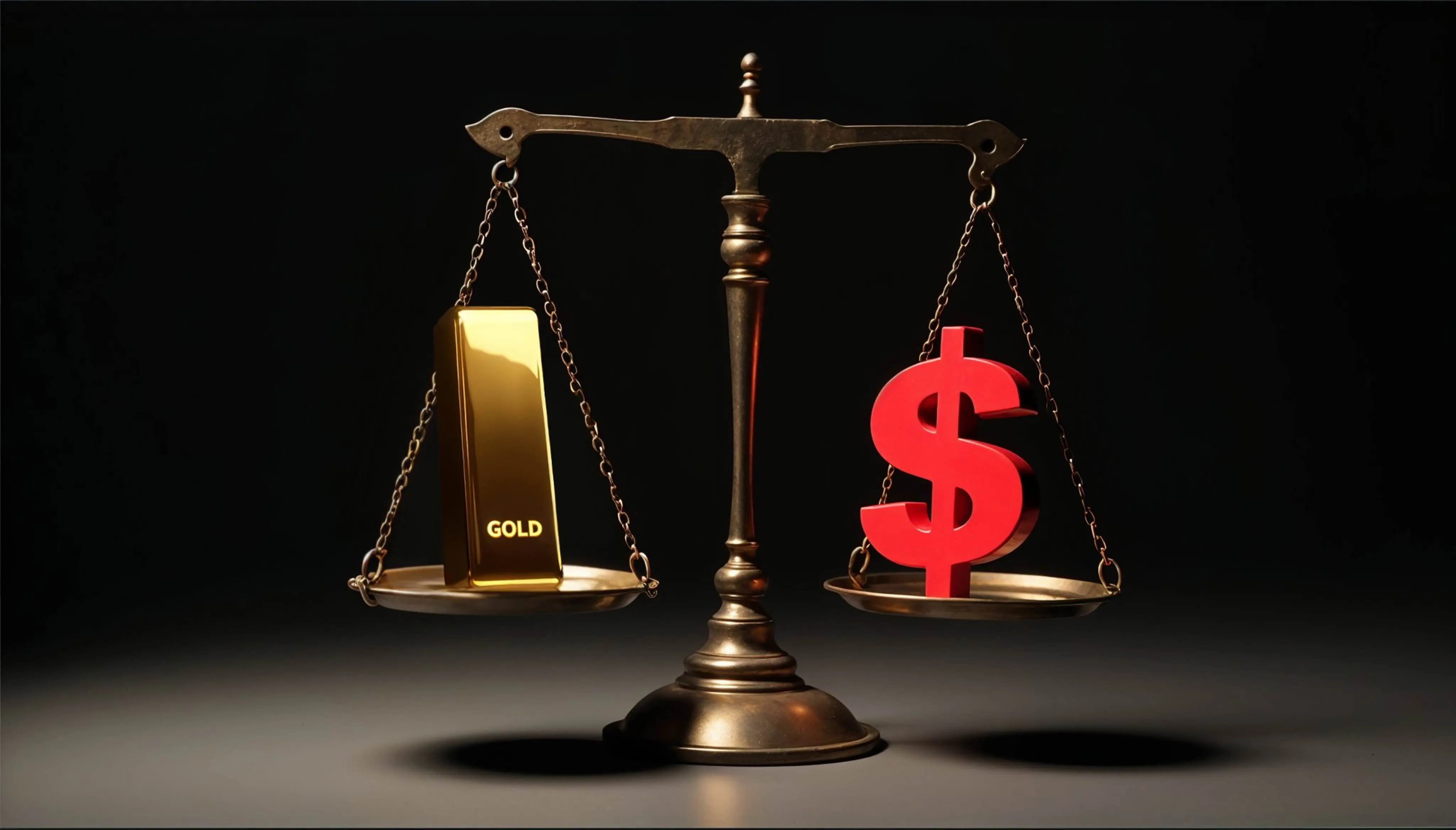 A balance scale with a gold bar outweighing a red dollar sign, symbolising gold rallies above $2,700 as inflation fuels rate cut bets.