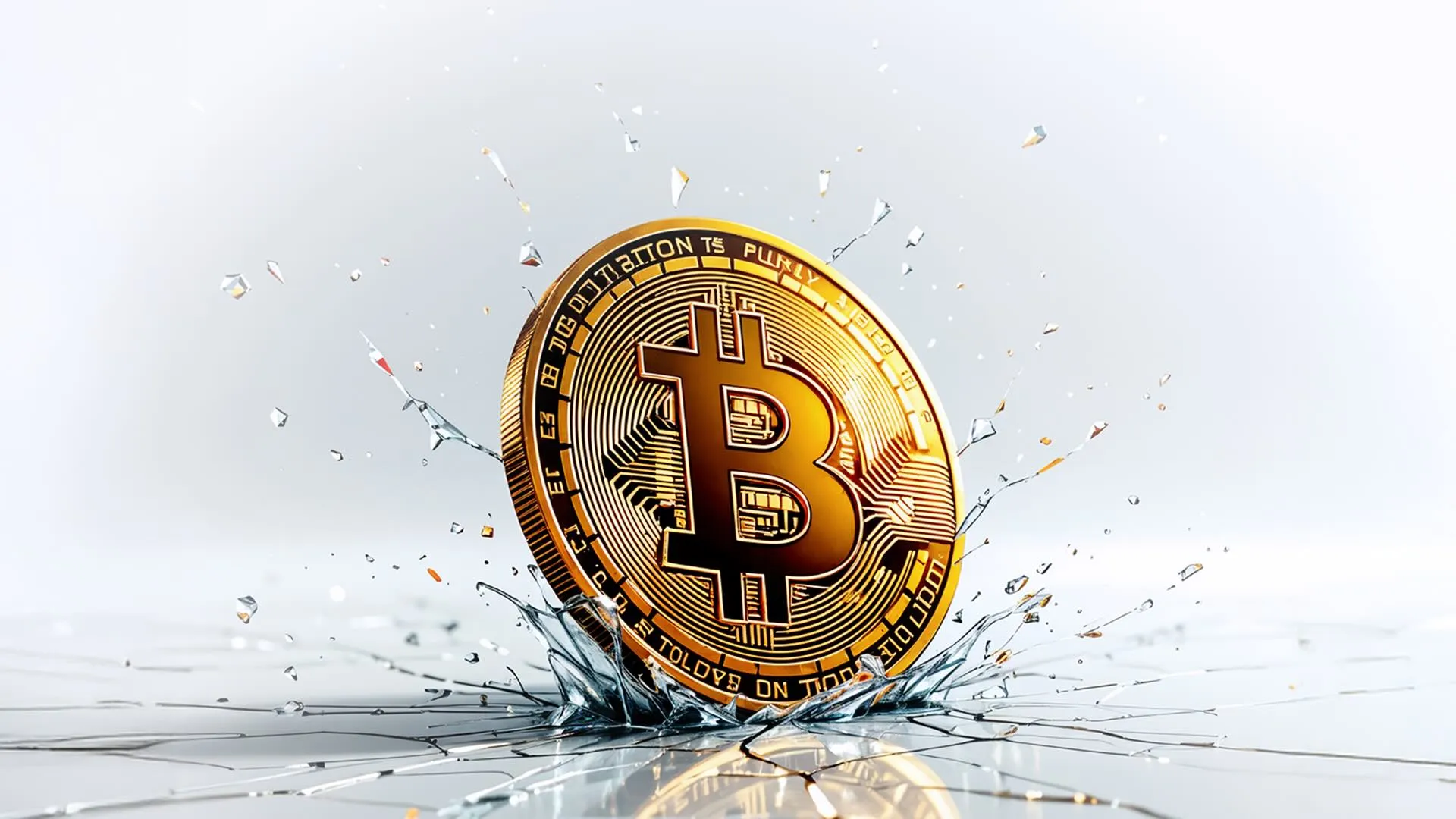Bitcoin price drop visualised as a Bitcoin crashing through a glass floor, symbolising sudden market turbulence.