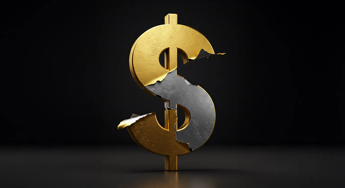 A gold US dollar symbol with its centre torn away to reveal silver underneath, symbolising the dollar's weakening status against gold.