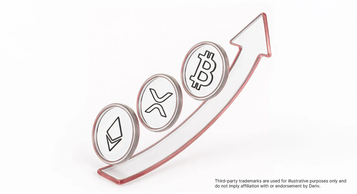 Stylized illustration of Ethereum, XRP, and Bitcoin logos arranged on an upward-curving arrow