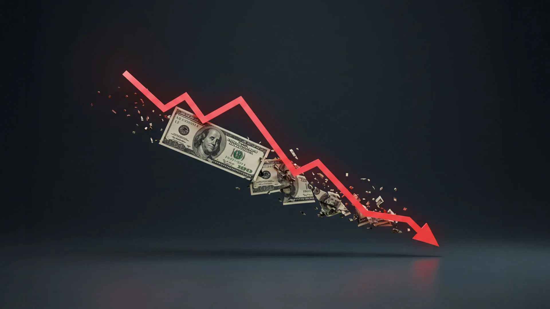 USD/JPY decline illustrated by falling US dollars and a red downward trend line, reflecting forex market volatility