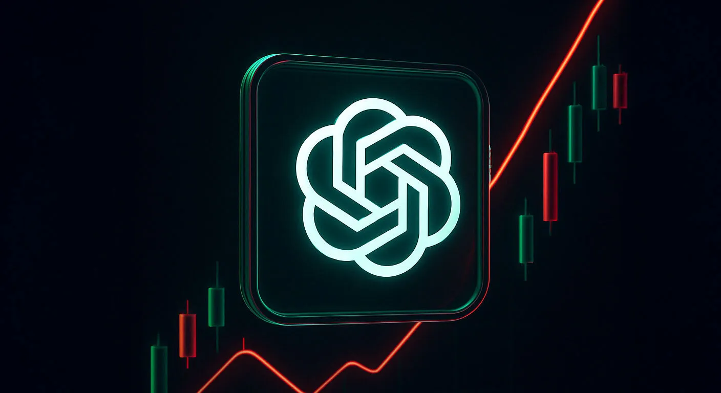 AI logo with rising candlestick chart and red trend line, symbolizing ChatGPT use in financial trading.