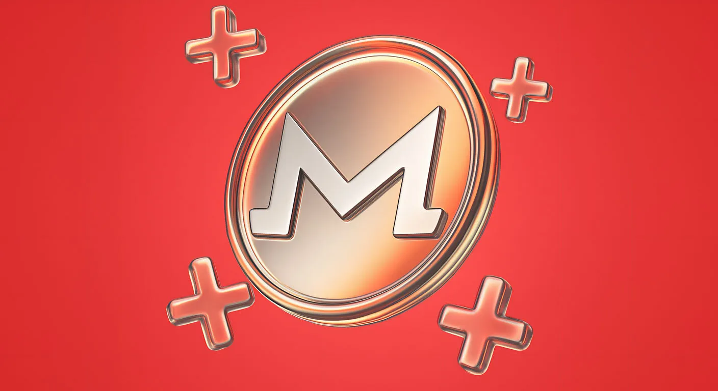A 3D-styled metallic Monero cryptocurrency logo surrounded by plus signs against a vibrant red background.