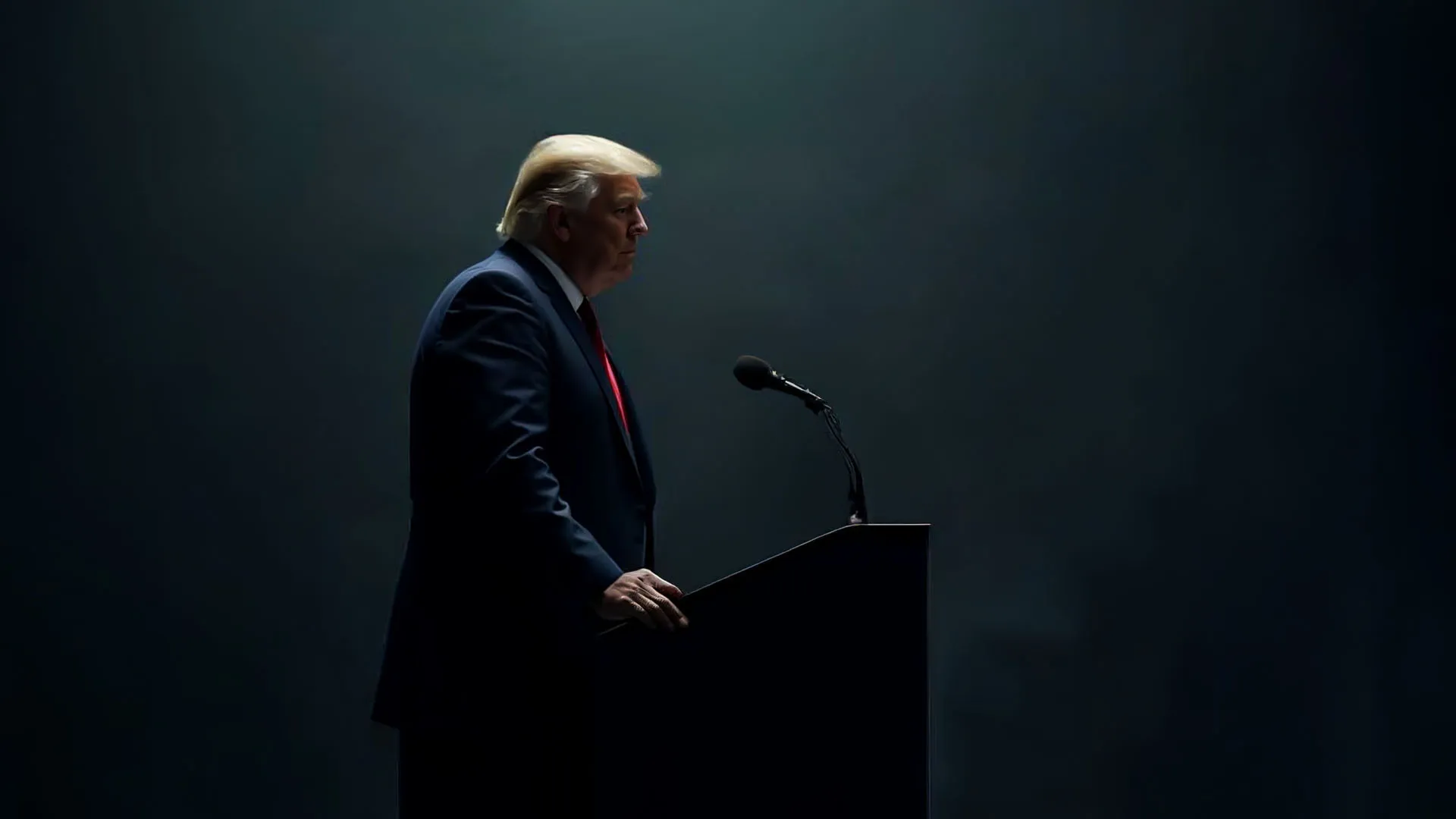 Donald Trump speaking solemnly at a podium in dim lighting.
