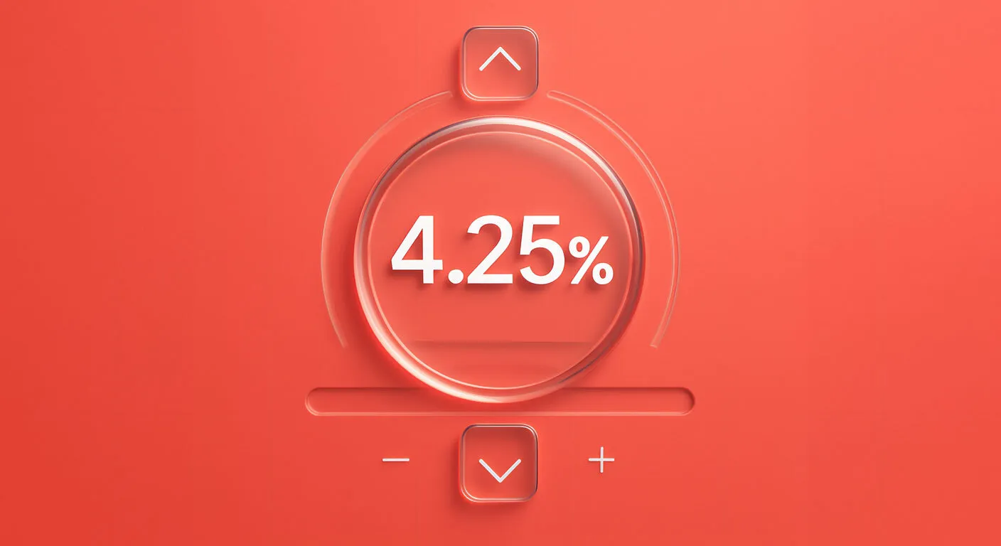 Interest rate dial set to 4.25%, reflecting the Bank of England’s latest rate cut and possible start of a cutting cycle.
