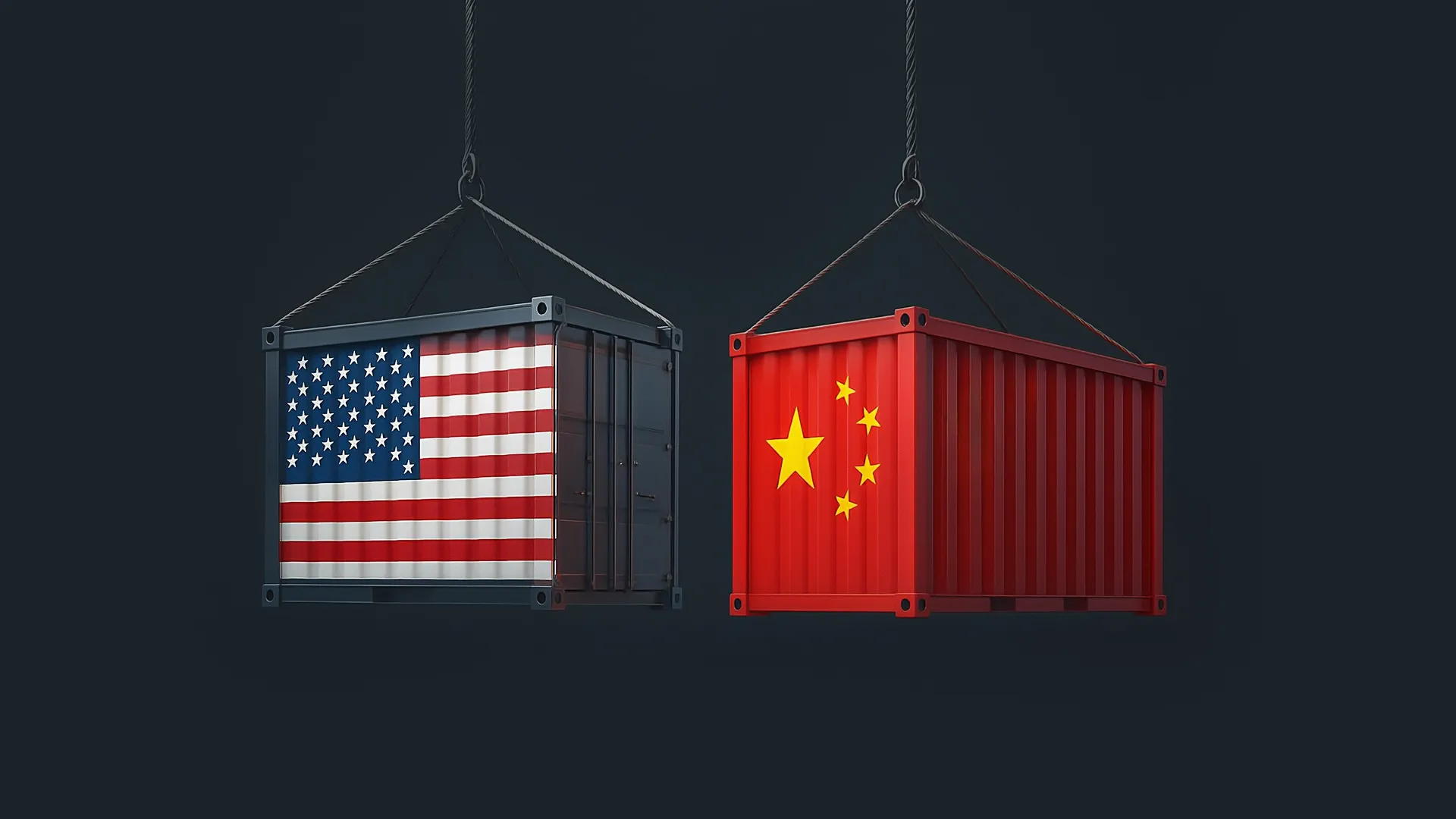 US and China shipping containers suspended, symbolising paused trade tensions.