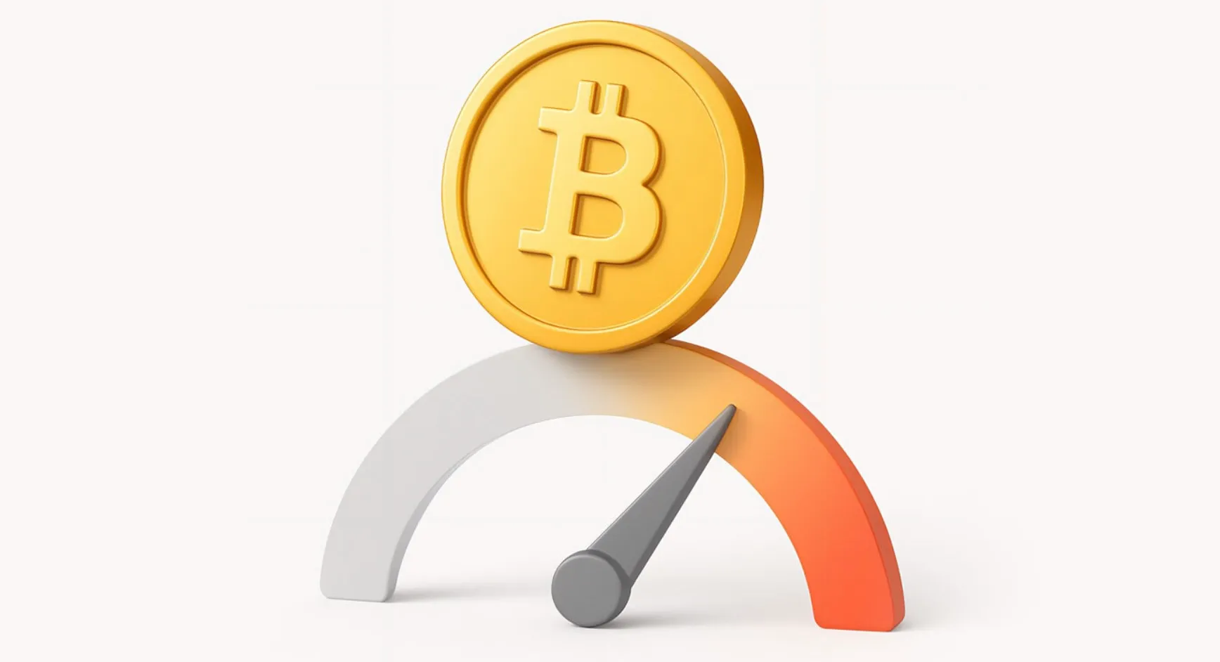 A 3D illustration of a Bitcoin coin balancing on top of a semicircular gauge, with the needle pointing toward the high end