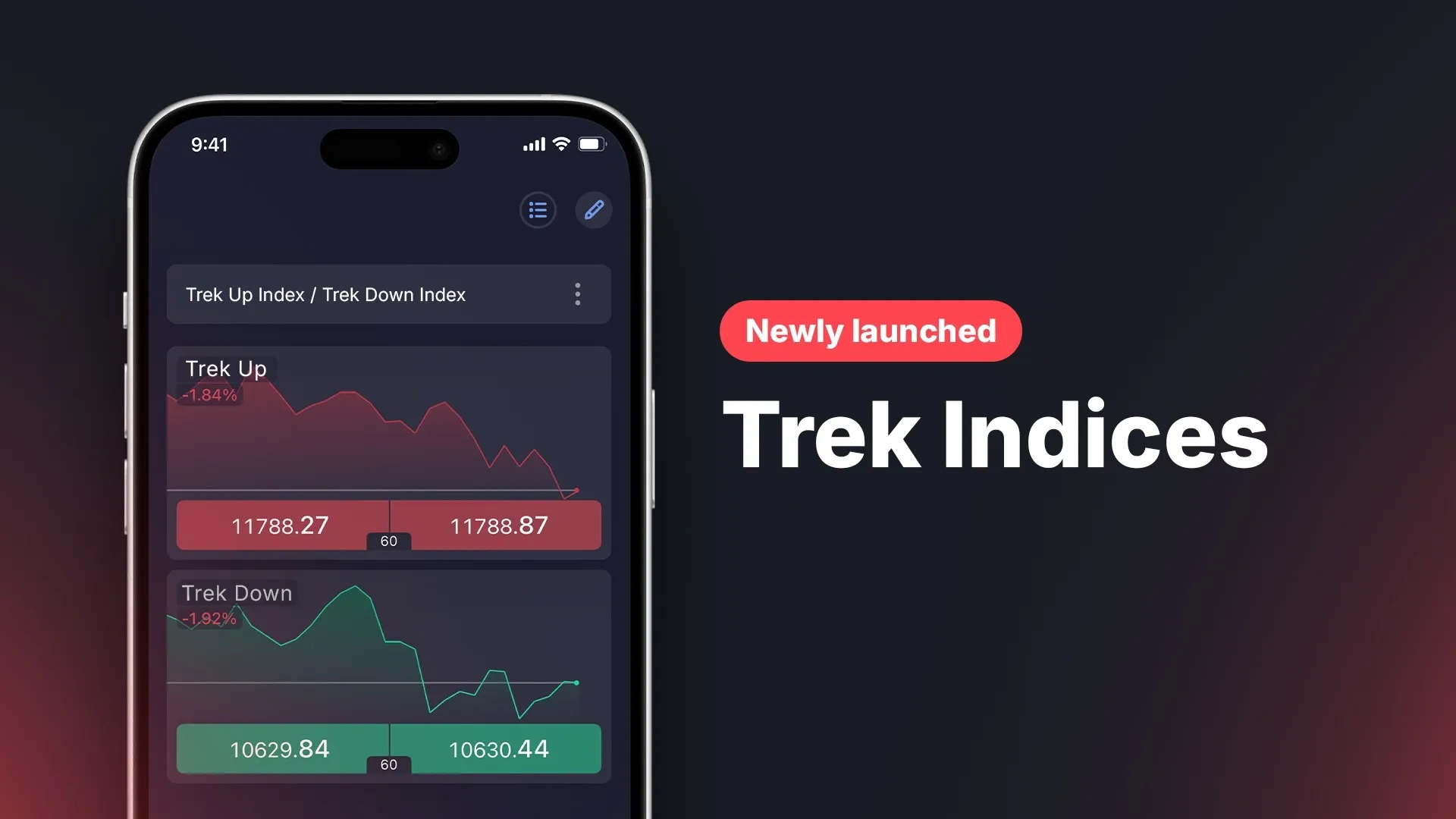 스마트폰 화면에 Trek Indices의 상승/하락 차트가 표시되어 있으며, 새로 출시된 Trek Up과 Trek Down Index를 강조하고 있습니다.
