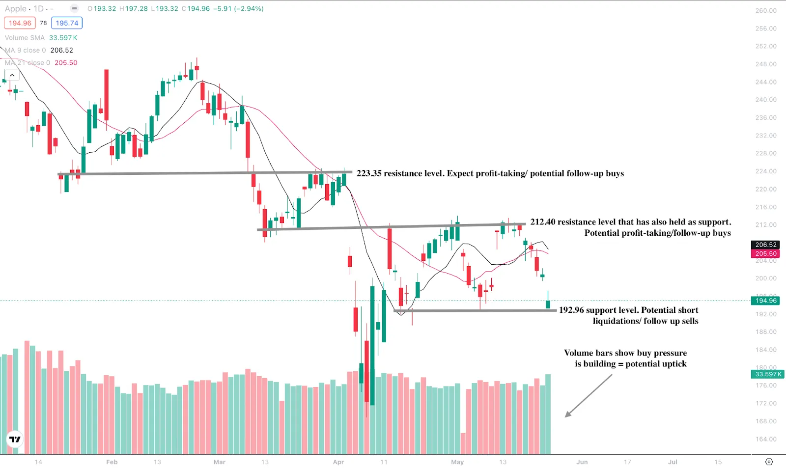 Technical chart of Apple Inc. showing recent price action with support at $192.96 and resistance levels at $212.40 and $223.35.