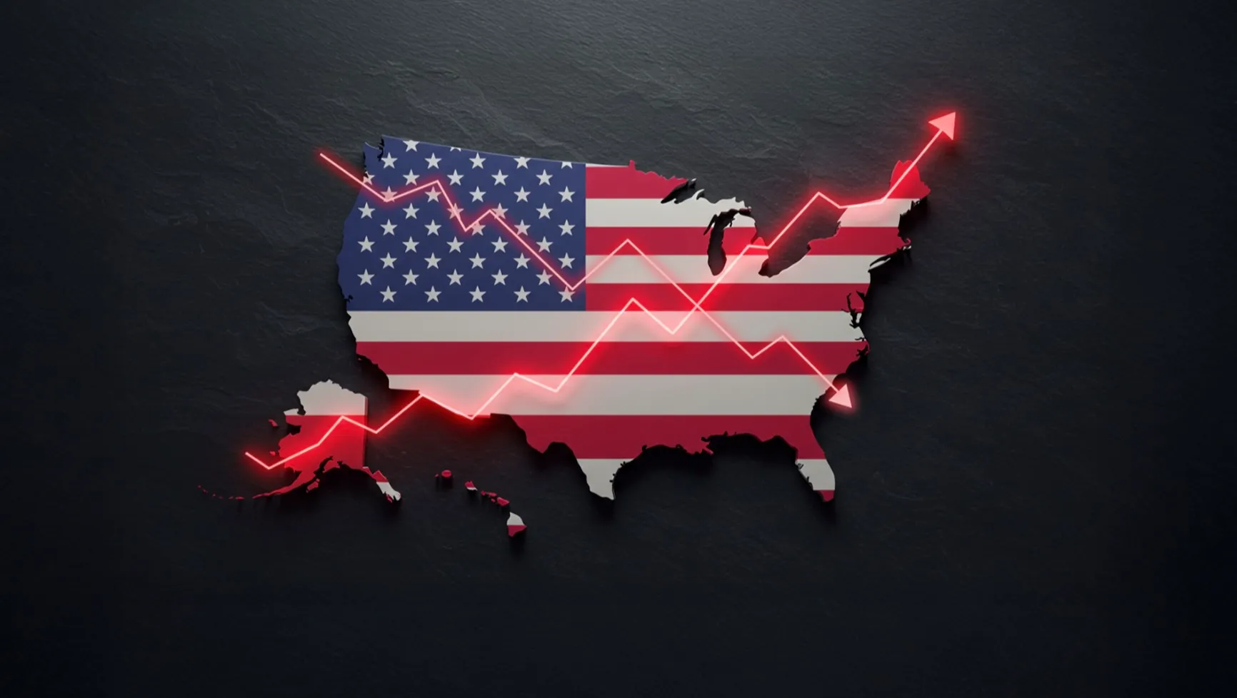 Silhouette of the United States map filled with the American flag, overlaid with a jagged red line graph representing market volatility.