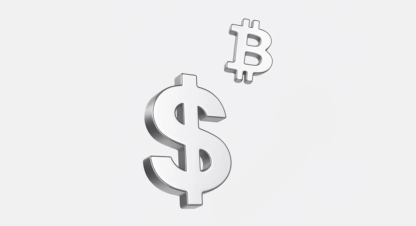 3D silver dollar sign and Bitcoin symbol on a light grey background, representing the contrast or transition between traditional fiat currency and digital cryptocurrency.