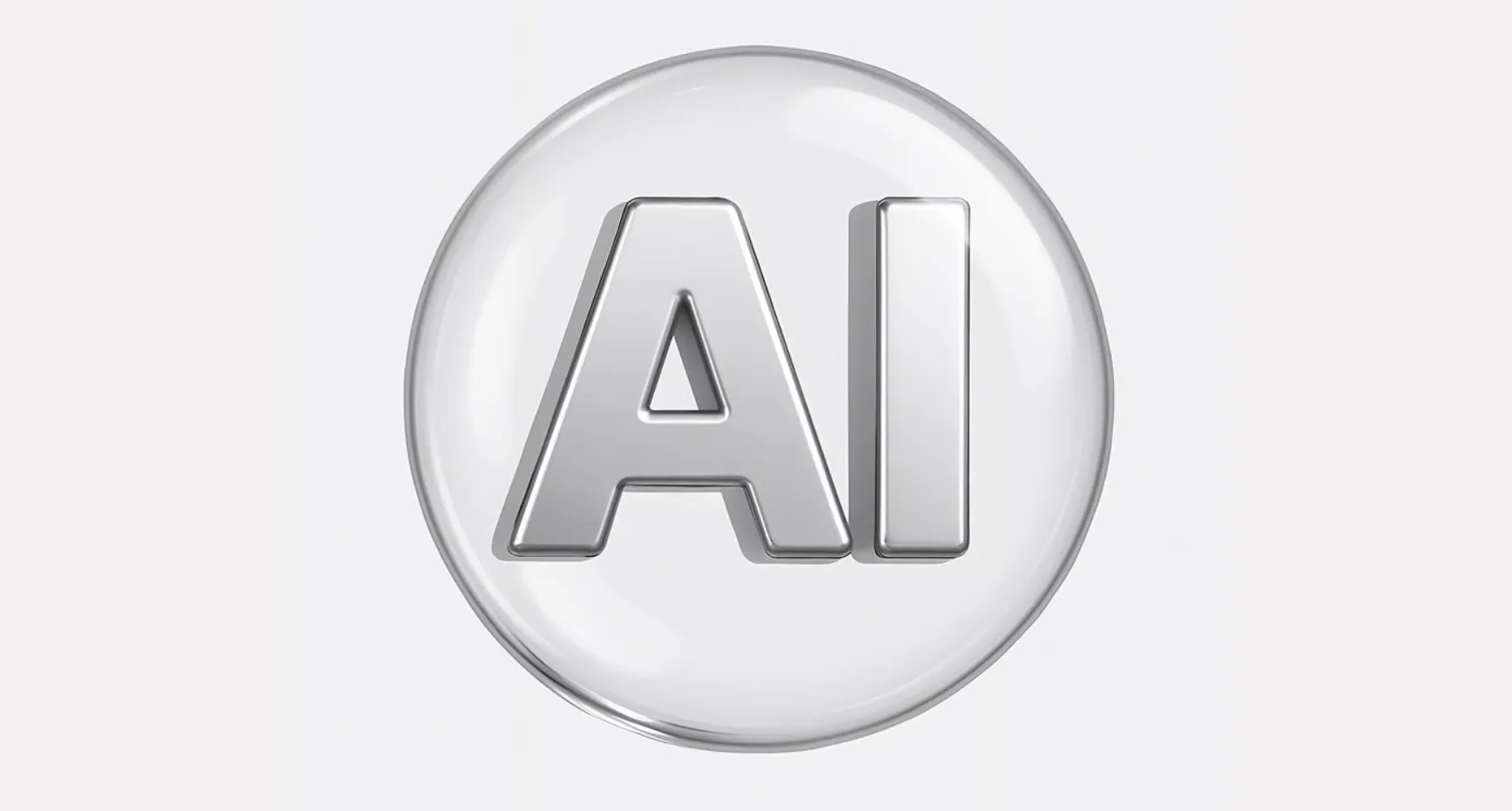 Chữ kim loại 3D 'AI' được bao bọc trong một bong bóng bóng bẩy, trong suốt trên nền xám nhạt, tượng trưng cho trí tuệ nhân tạo và sức hút tương lai của nó.