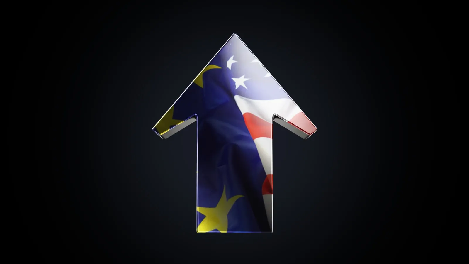 A 3D upward arrow filled with blended textures of the European Union and United States flags, symbolising a rise in EUR/USD currency pair value against a dark gradient background