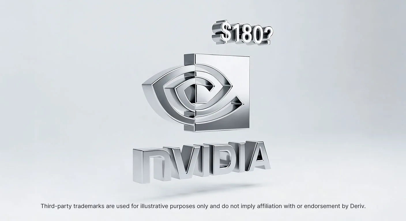 A 3D-rendered, metallic Nvidia logo is featured prominently in the centre, split into two stylised halves.