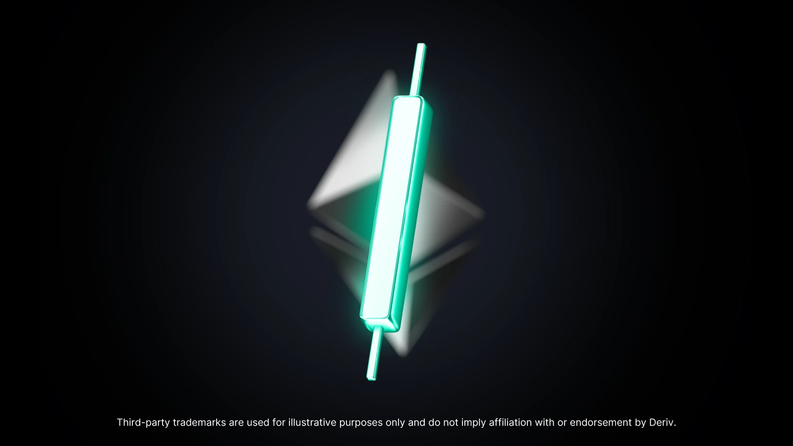 A stylised 3D candlestick chart glowing in neon green, set against a dark background with a translucent Ethereum logo (diamond shape) behind it.