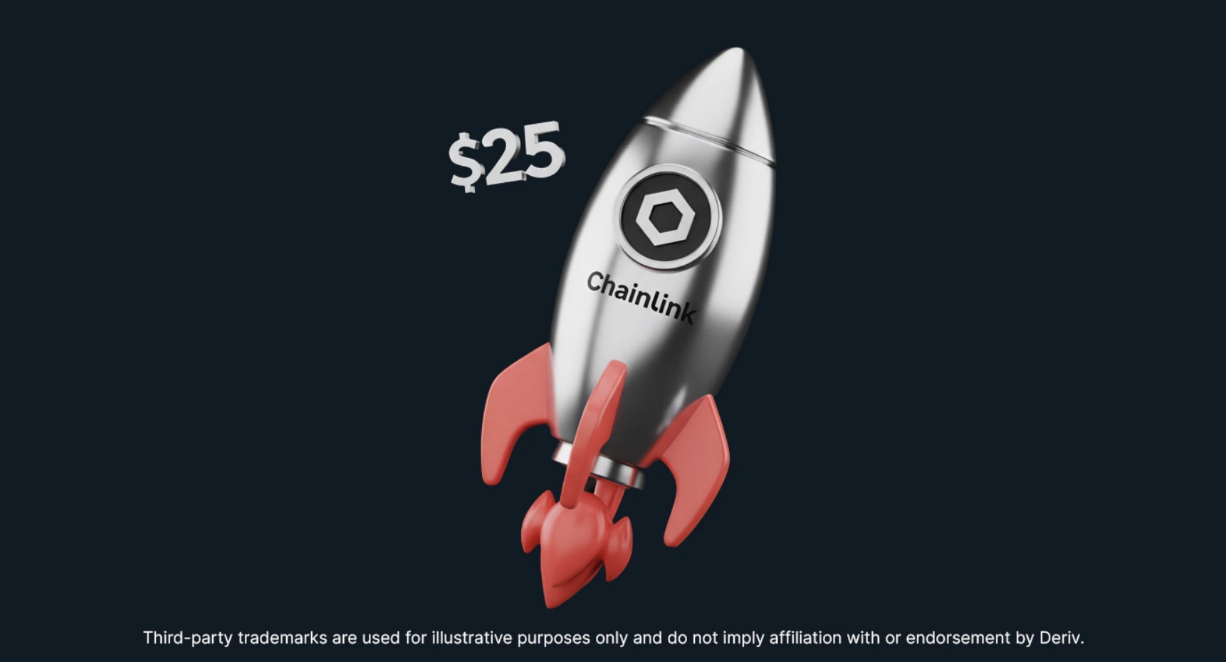 A metallic rocket ship with red fins and a Chainlink logo is shown blasting upward against a dark background.