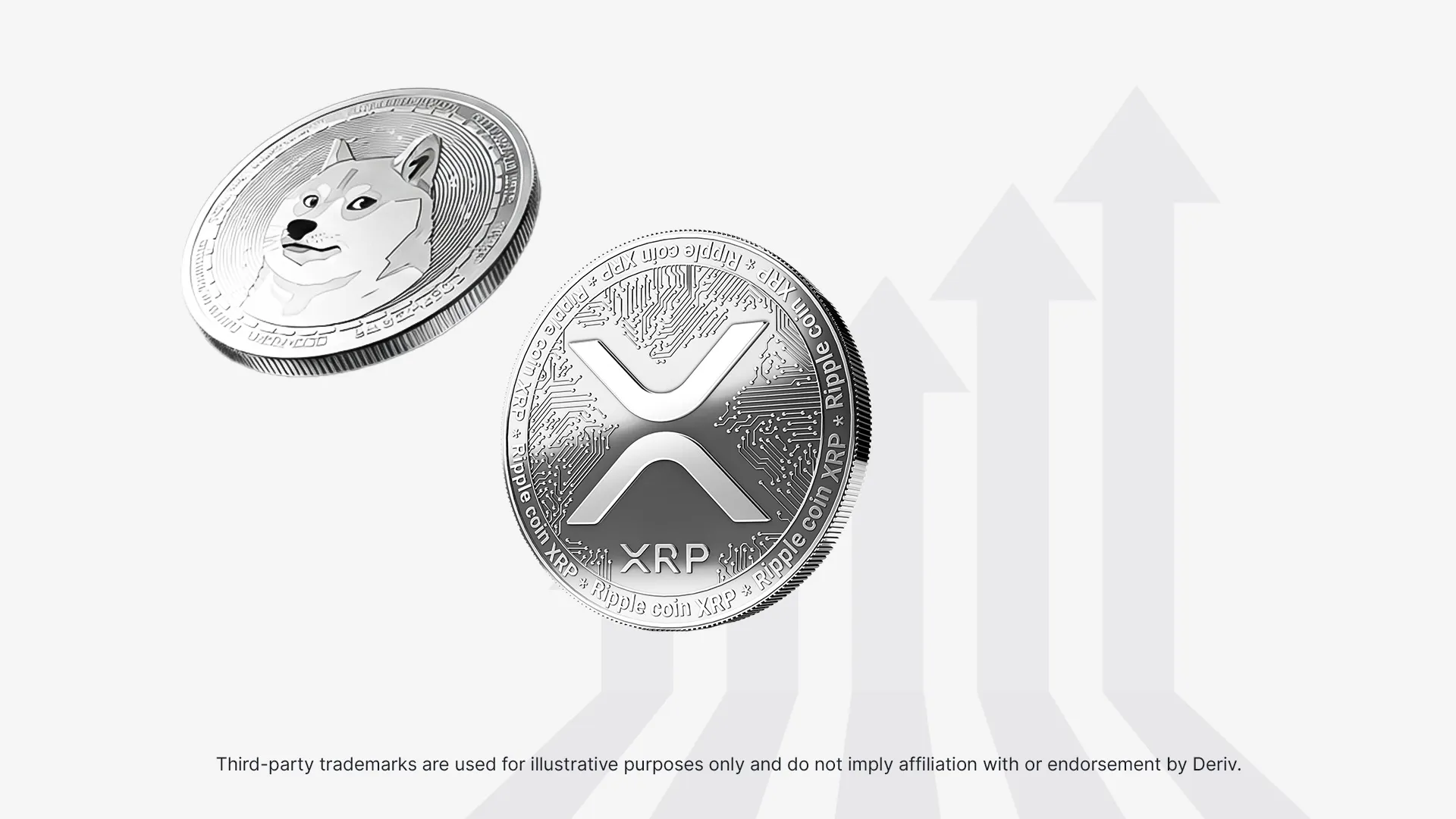 3D-rendered silver coins featuring Dogecoin (with the Shiba Inu dog) and XRP (with the Ripple logo) floating against a white background.