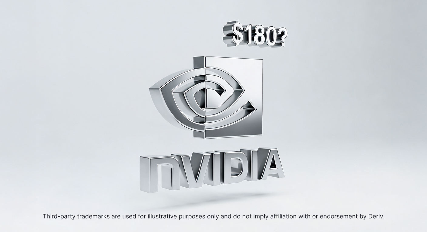 A 3D-rendered, metallic Nvidia logo is featured prominently in the centre, split into two stylised halves.