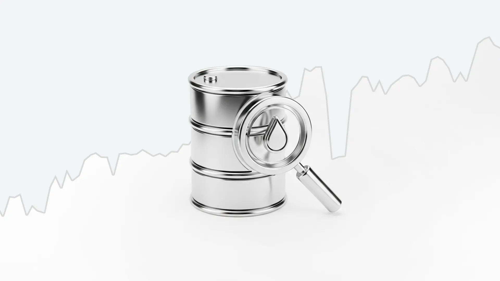 Metal oil barrel with a magnifying glass featuring a droplet icon, set against a faint background of fluctuating price chart lines