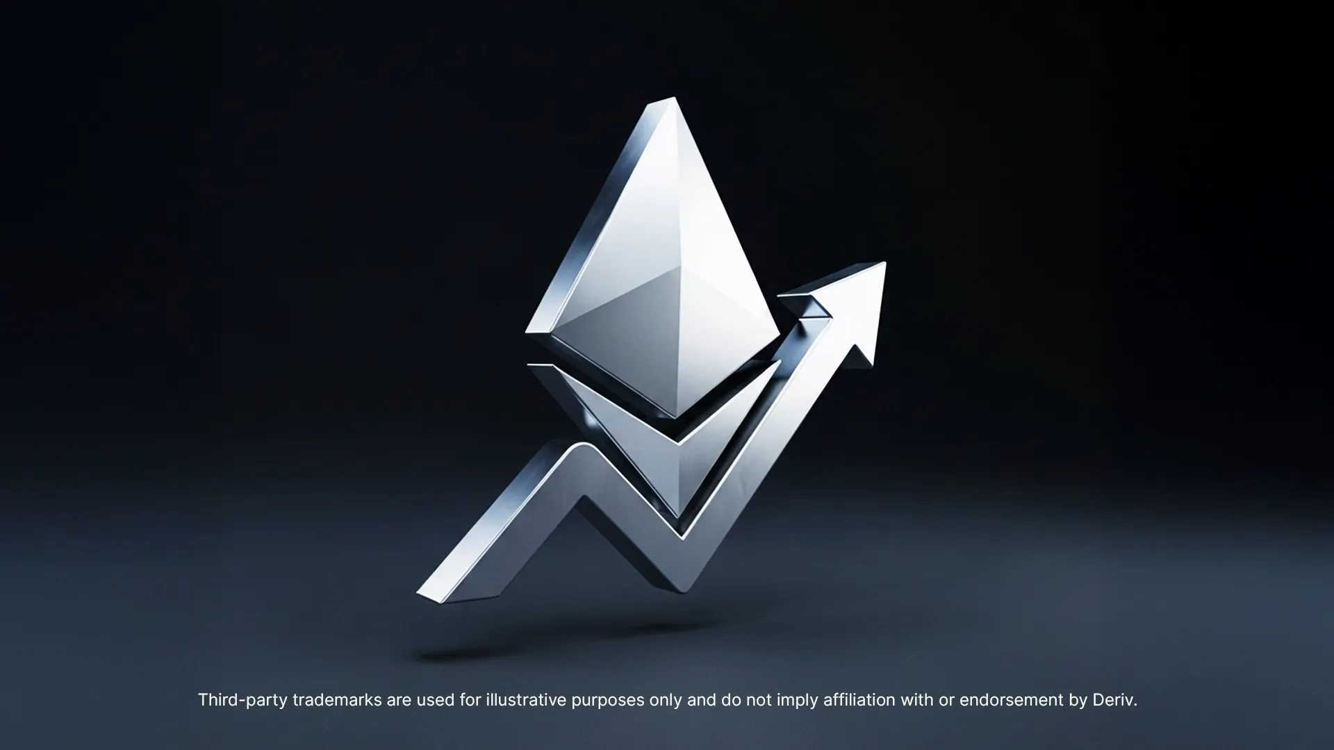 3D silver Ethereum logo merged with an upward arrow, symbolising price growth, on a dark background.
