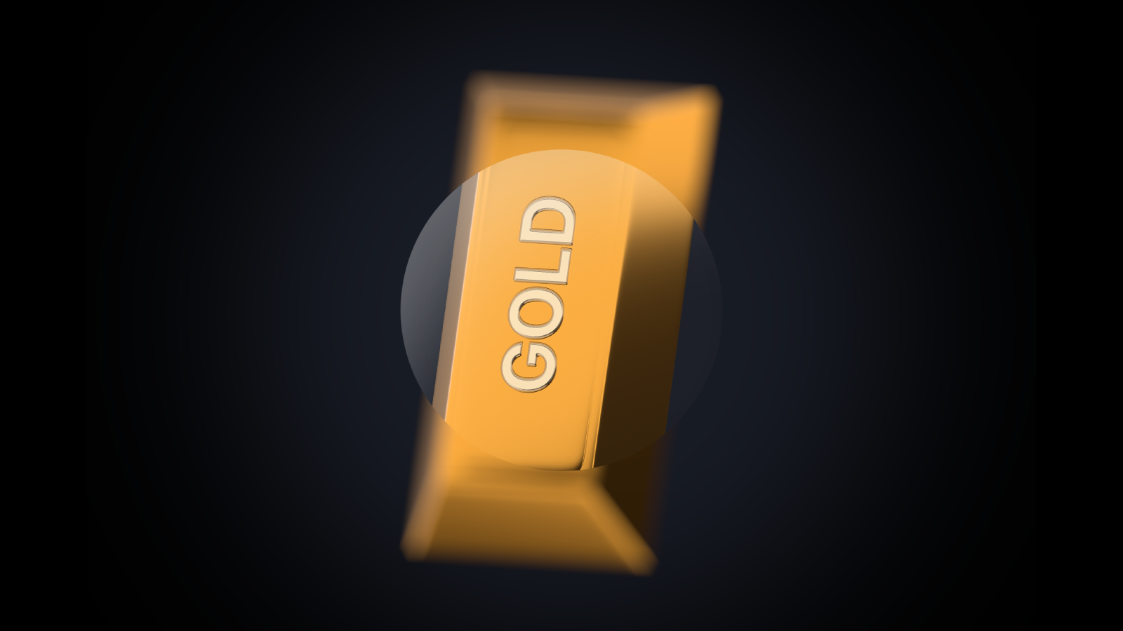 A digital graphic features a glowing gold bar at the centre with the word "GOLD" engraved on it, set against a dark gradient background.