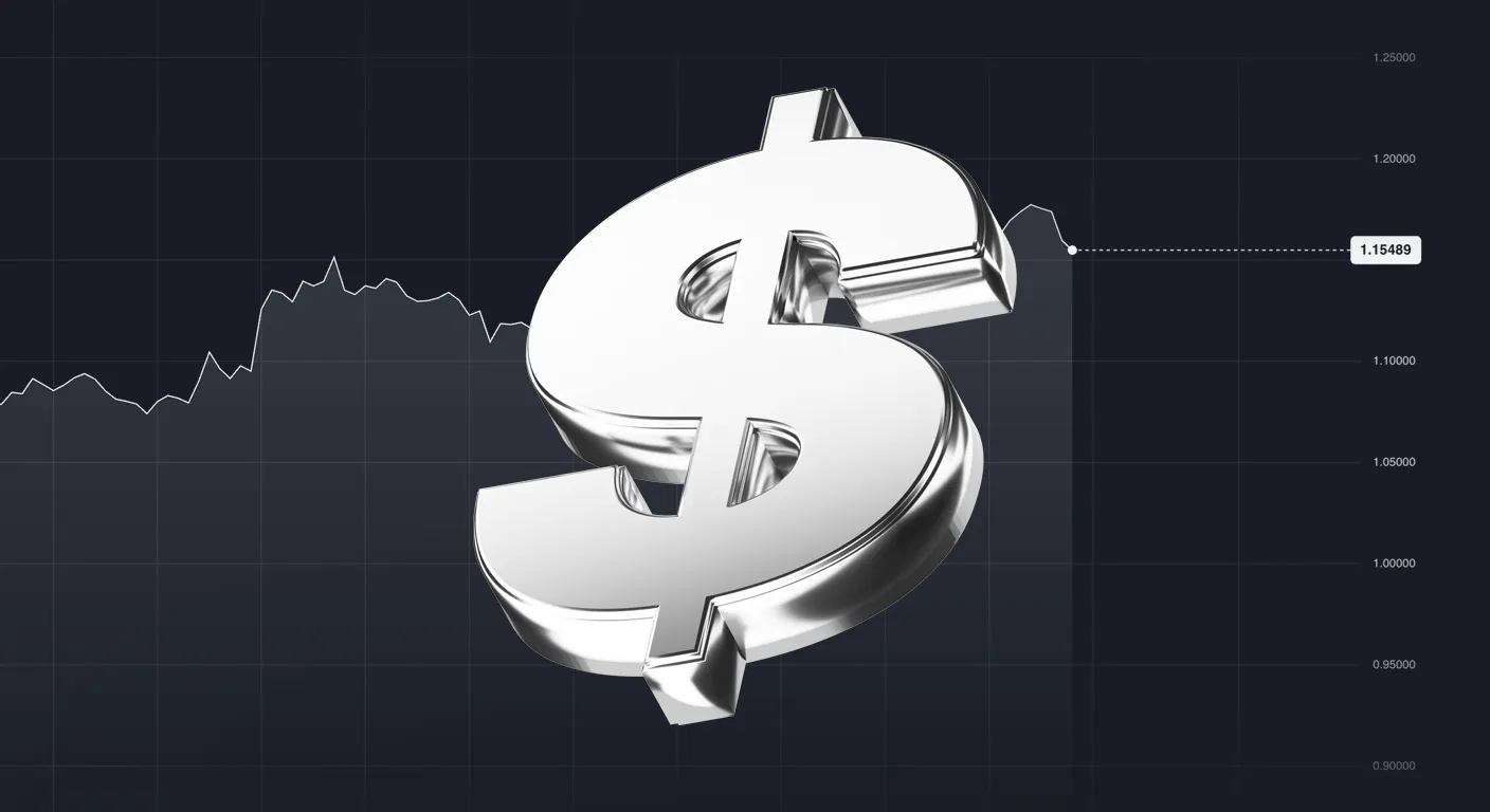 A shiny silver dollar symbol overlays a dark EUR/USD price chart showing a value of 1.15489.