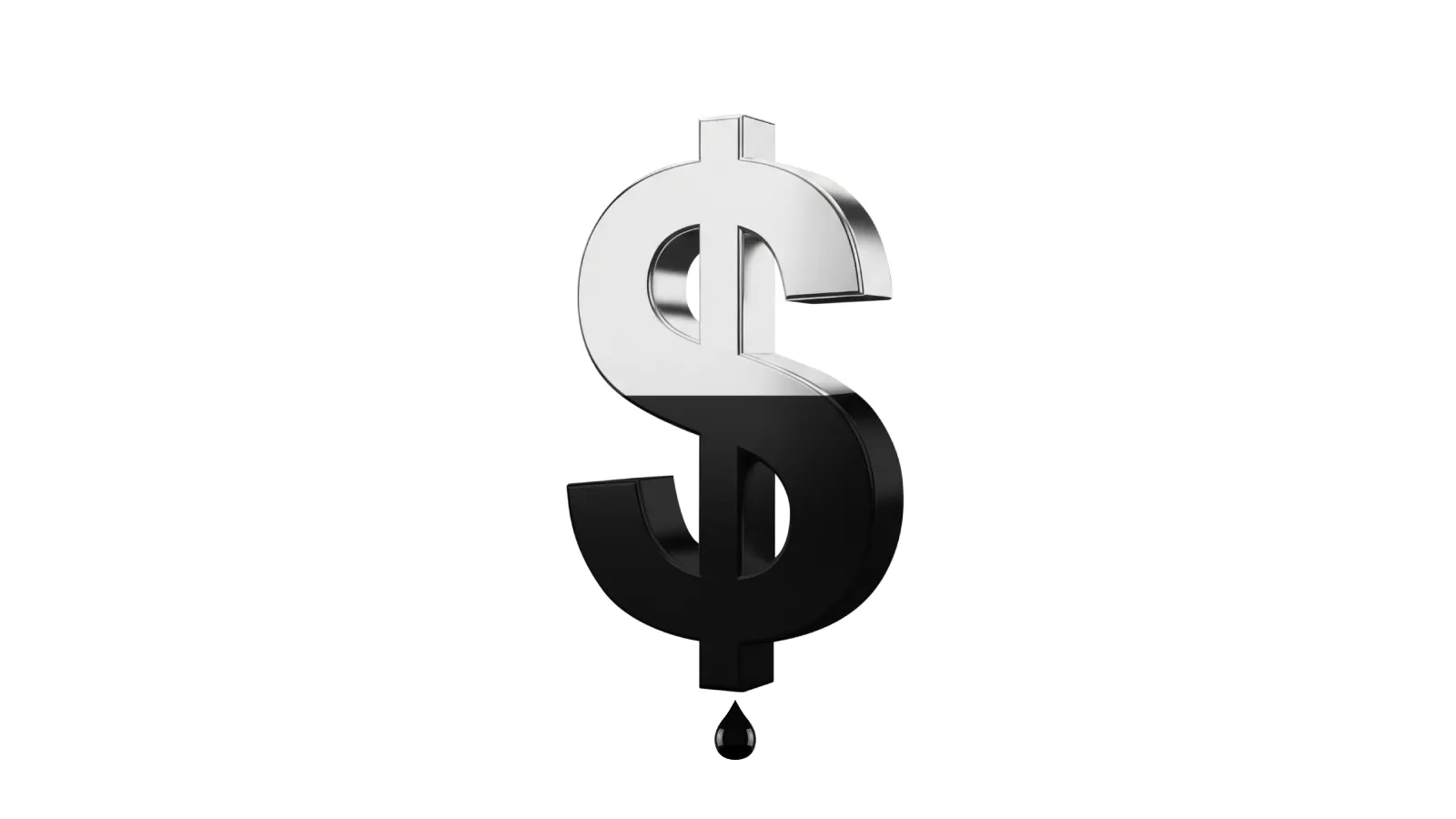 A 3D dollar sign partially covered in black oil, with a single oil droplet falling from the bottom tip.