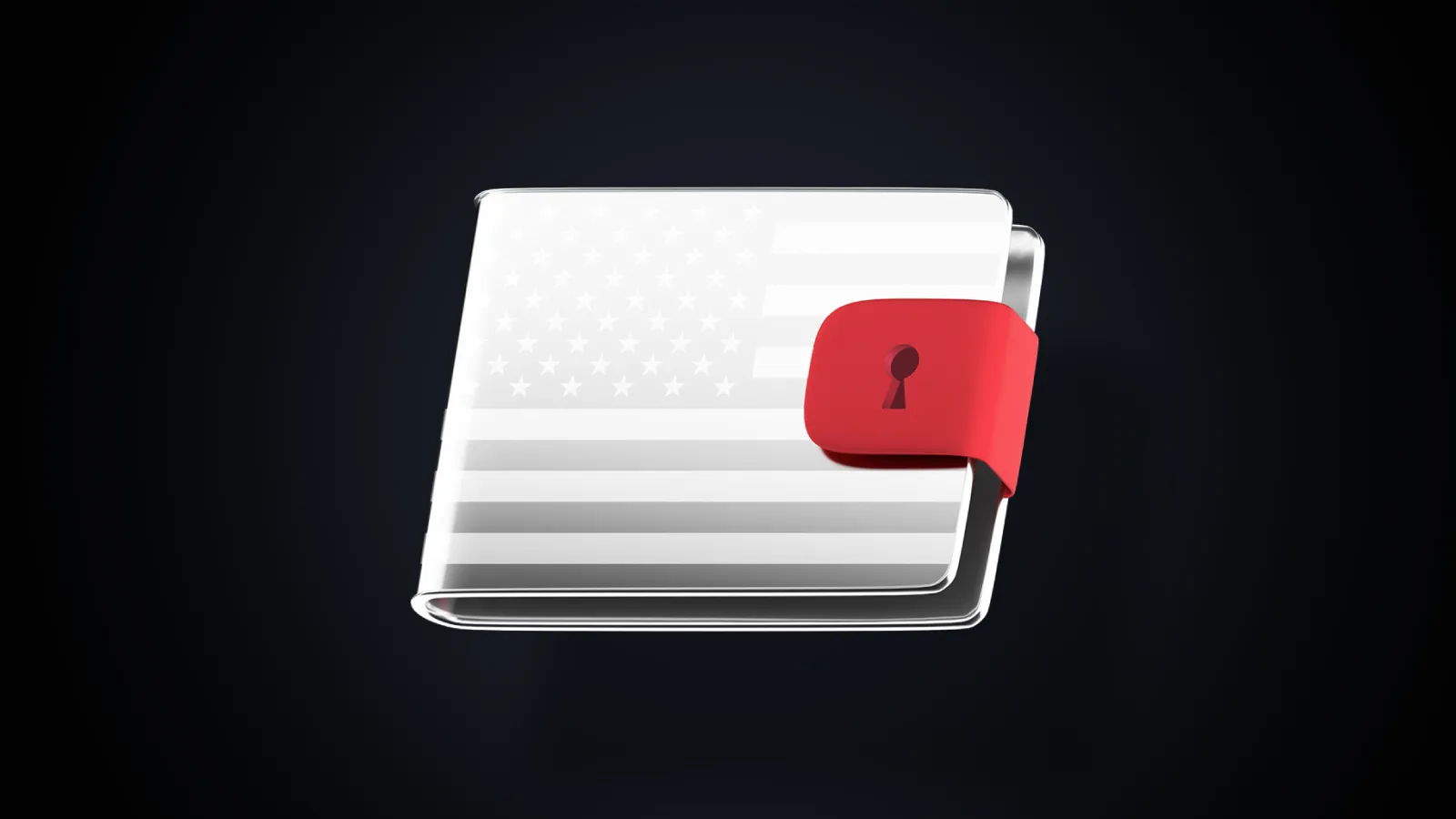 A sleek silver wallet featuring a subtle US flag design, secured by a red strap with a keyhole icon, set against a dark background—symbolising American consumer security, spending