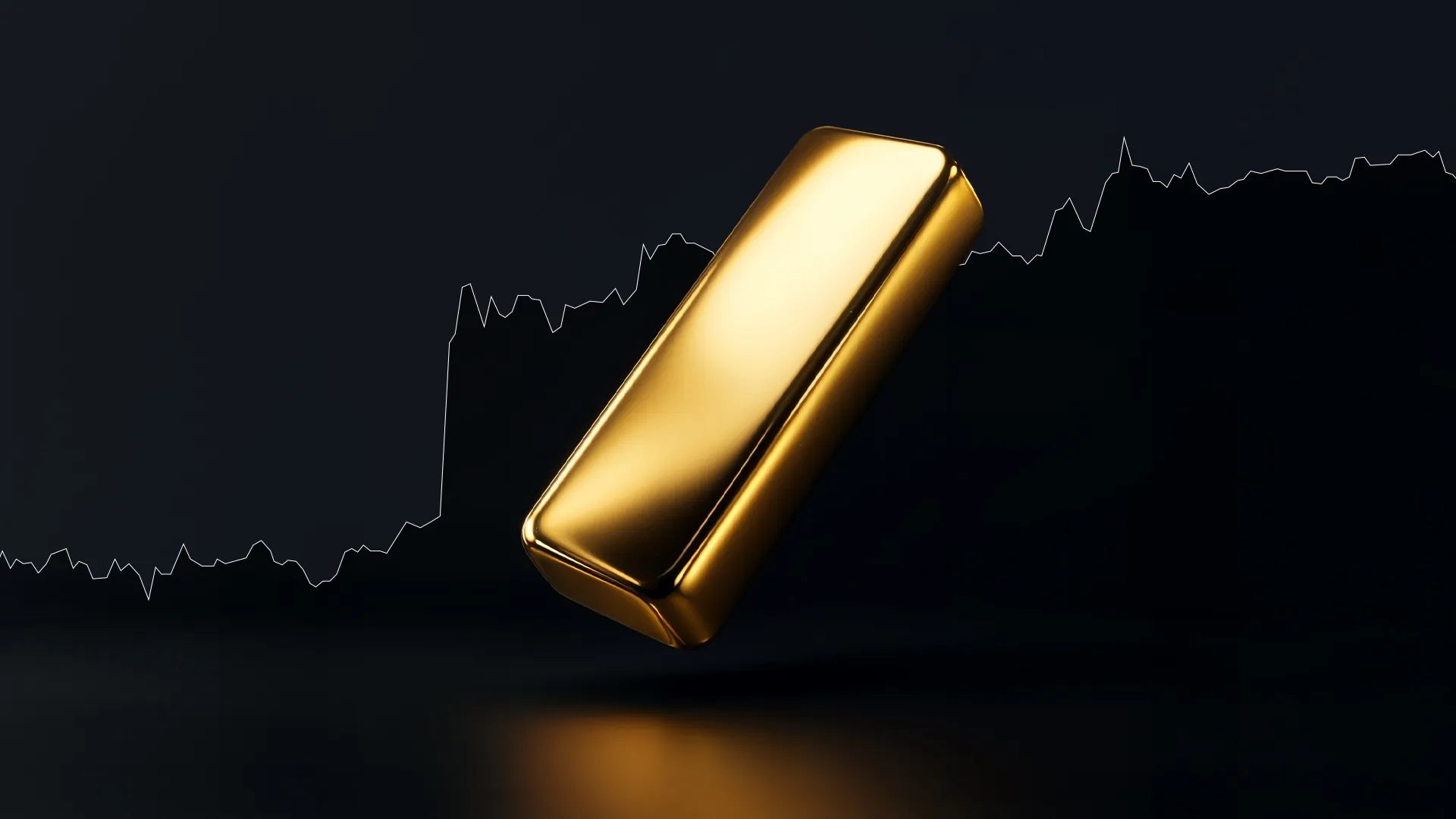 A shiny gold bar floating against a dark background with a faint gold price chart line rising in the backdrop, symbolising gold market strength and upward momentum.