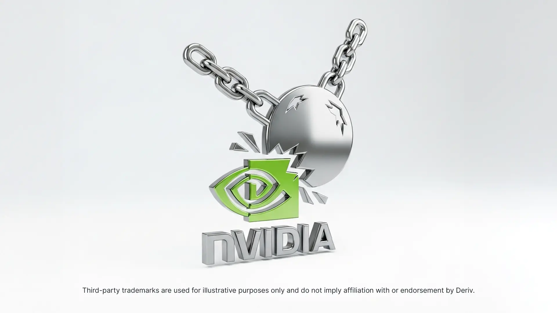 A wrecking ball smashes into the Nvidia logo, symbolising impact or disruption. Includes a disclaimer about trademark use by Deriv.