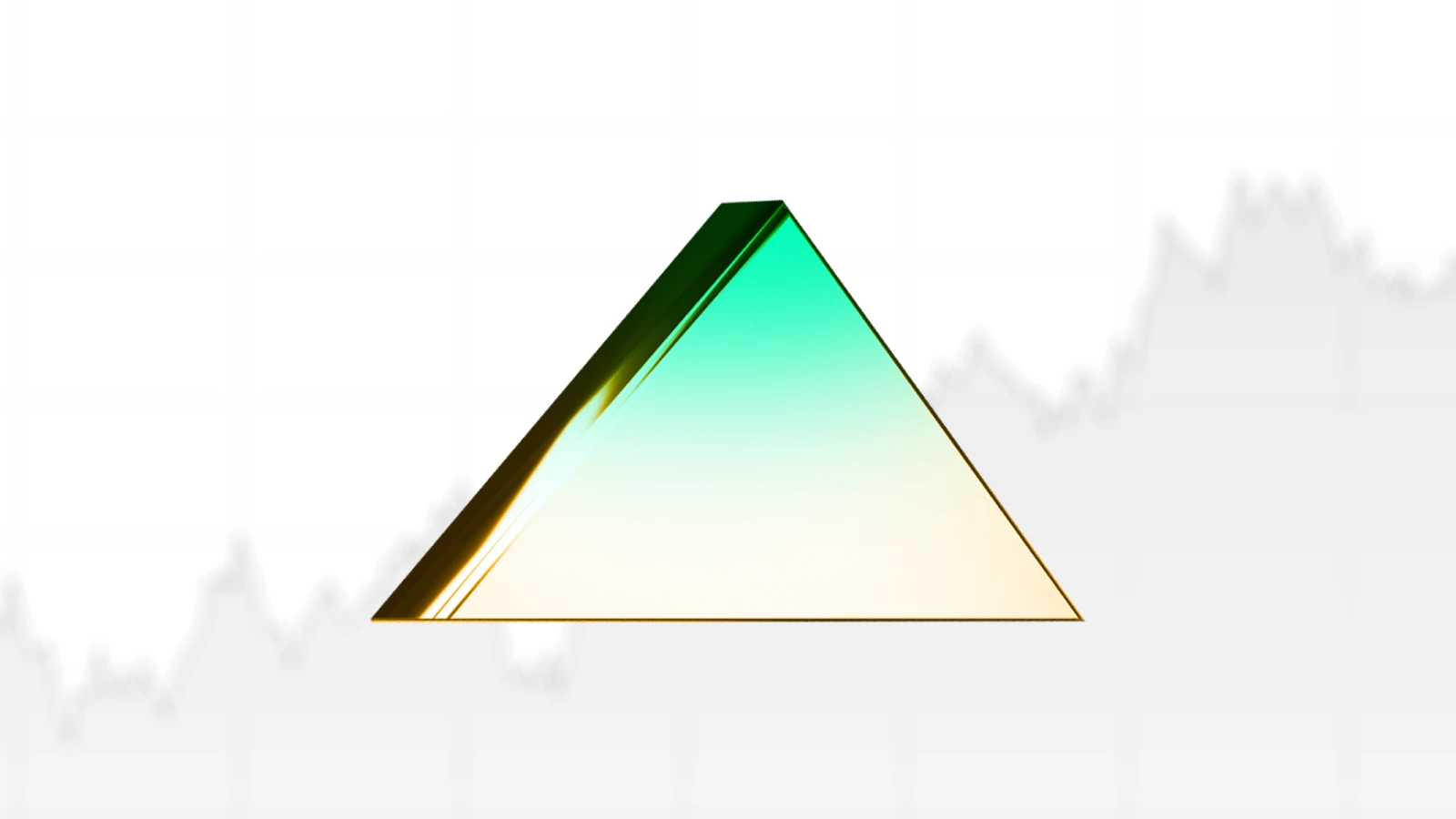 A stylised, glowing triangle with a gradient from green at the top to beige at the bottom, positioned centrally over a faint financial chart background with rising and falling lines.