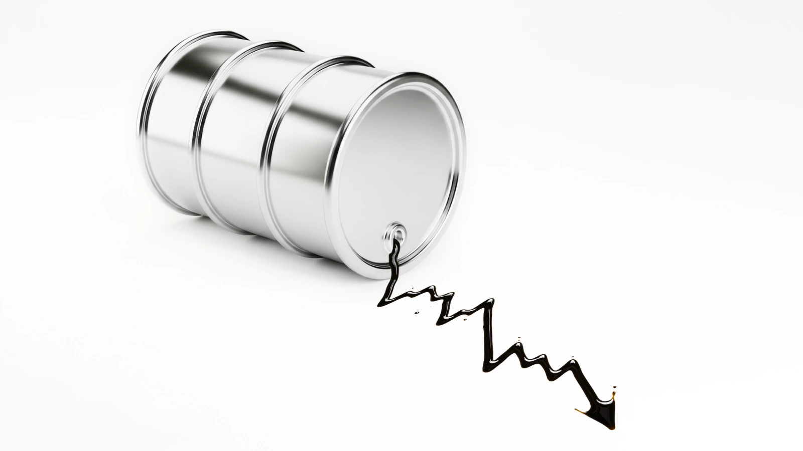 A silver oil barrel tipped over with black oil spilling out, forming a downward zigzag arrow symbolising falling oil prices.