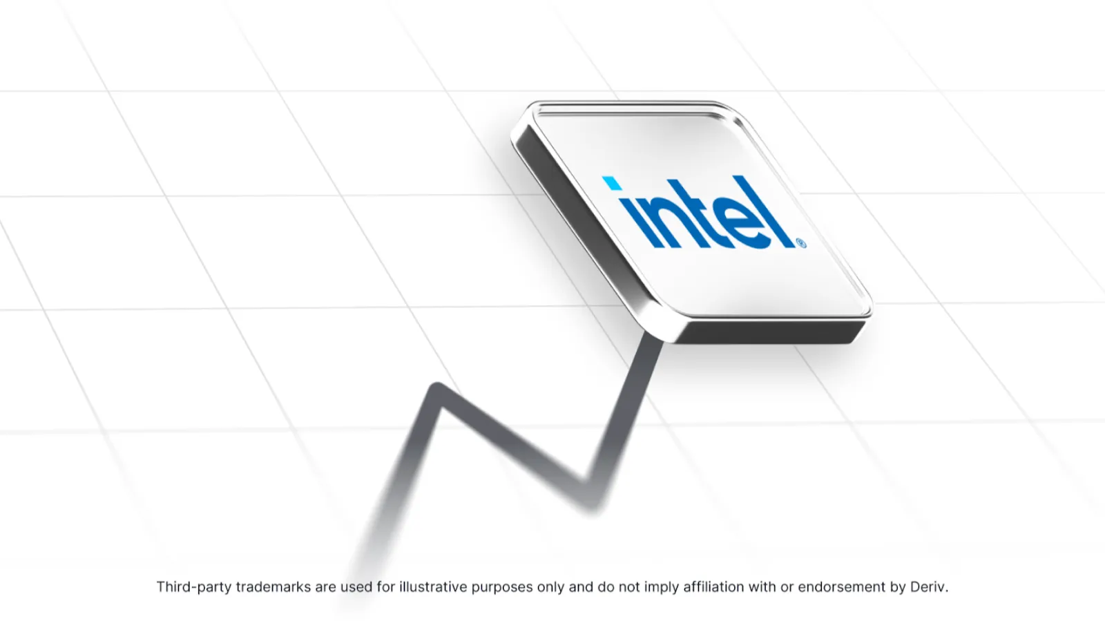 Illustration of the Intel logo on a metallic square chip design, tilted upward, with a rising zigzag line beneath it symbolising growth.