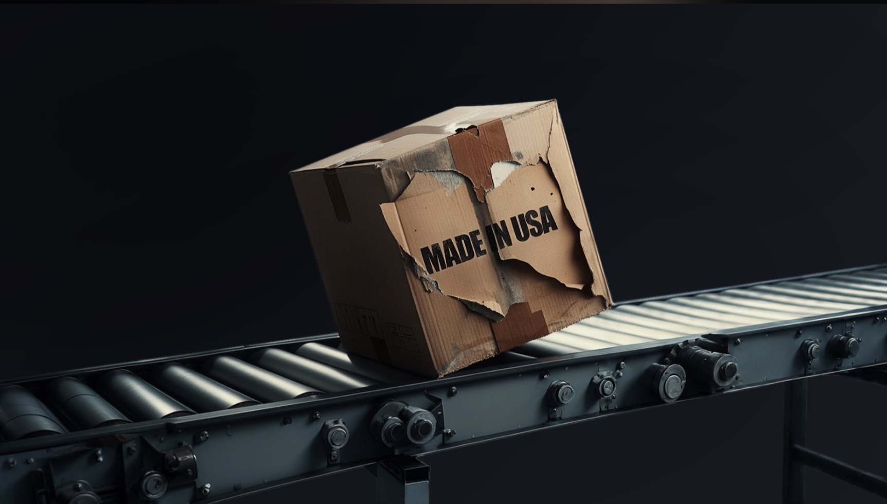 A damaged cardboard box with the words “MADE IN USA” printed on it, sitting tilted on a conveyor belt.