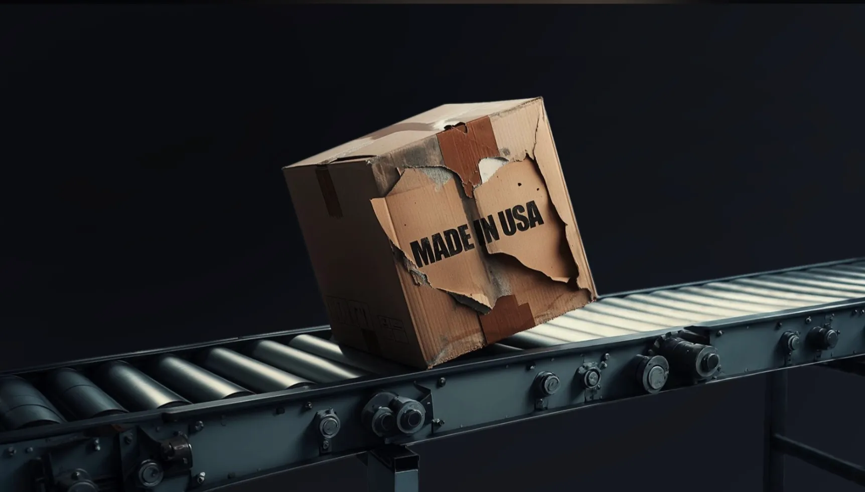 A damaged cardboard box with the words “MADE IN USA” printed on it, sitting tilted on a conveyor belt.